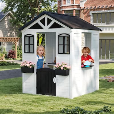 Wooden Adventure Cottage Playhouse for Kids with Working Door, Windows, Service Station, and Flower Pot Holders