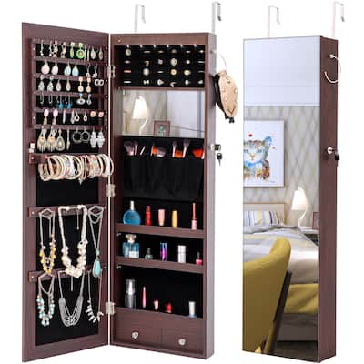 Luxurious Velvet Interior Jewelry Storage Mirror Cabinet with LED Lights Can Be Hung on the Door or Wall Durable & Adjustable