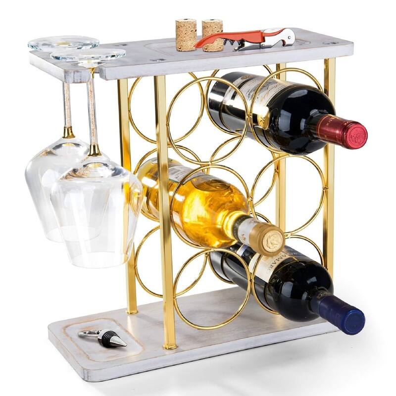 Wine Rack with Glass Holder - 13.7"D x 6.2"W x 13.4"H - Gold