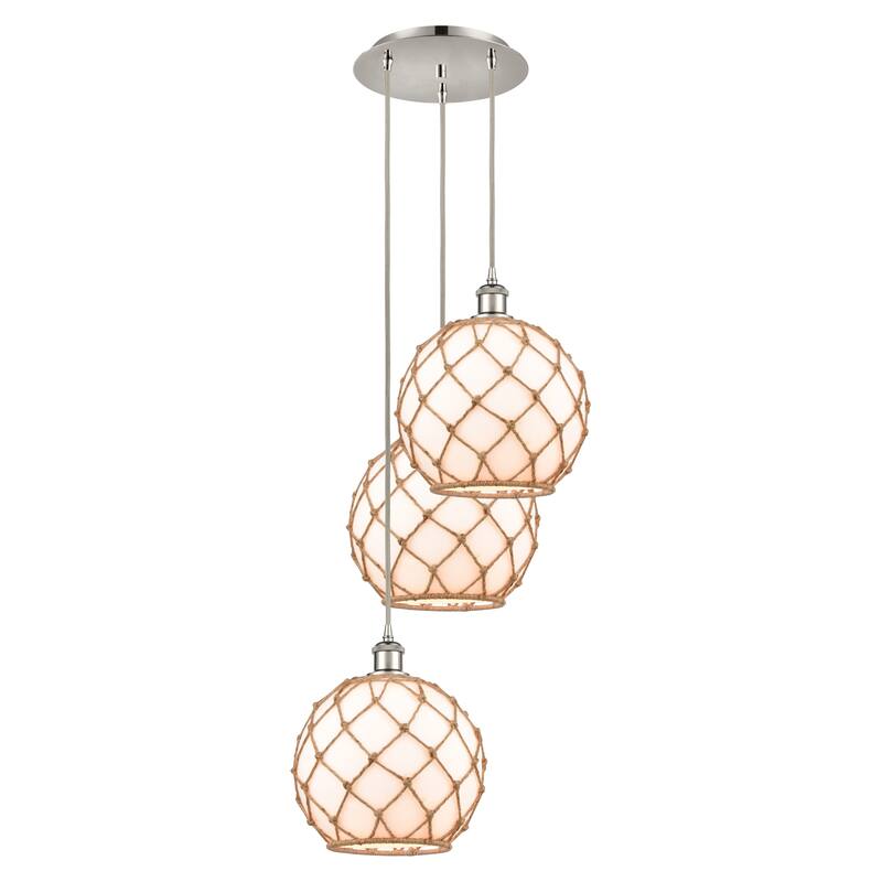 Innovations Lighting Endless Possibilities Ballston - Farmhouse Rope - 3 Light 17" Cord Hung Multi Pendant - White Glass with Brown Rope/Polished Nickel