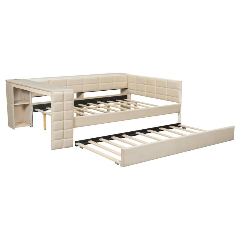 Full Size Upholstered Platform Sofa Bed with Trundle, Modern Velvet Daybed with Storage Shelves, Desk and Charging Station