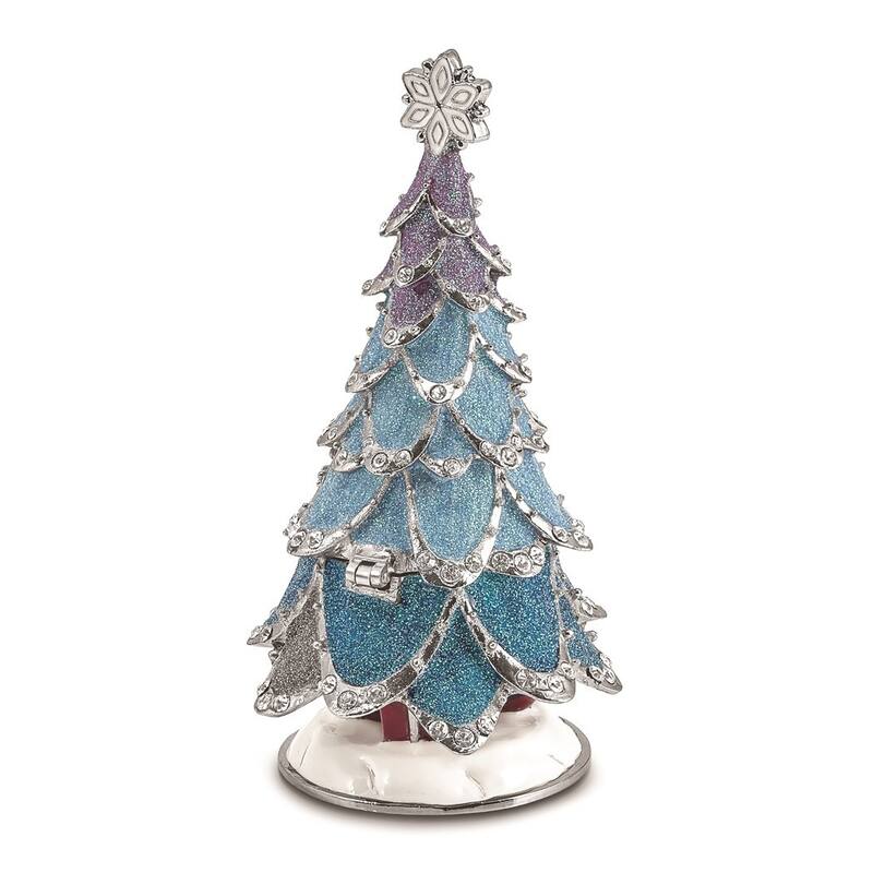 Curata Pewter Crystals Silver-Tone Enameled Arctic Blue Christmas Tree Trinket Box on 18 Inch Necklace