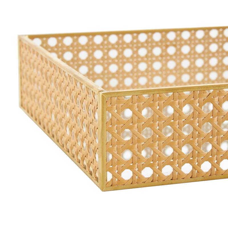 Brown Rattan Woven Living Room Decor Tray with Mirrored Glass Interior (Set of 2)