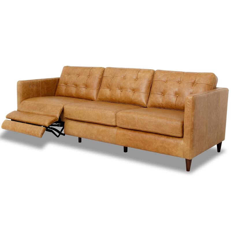 Ellis Mid-Century Modern Genuine Leather Power Incliner Sofa in Waxy Tan