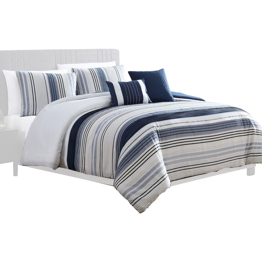 Alfa 5 Piece Queen Comforter Set, Jacquard Woven Stripes, Blue, White