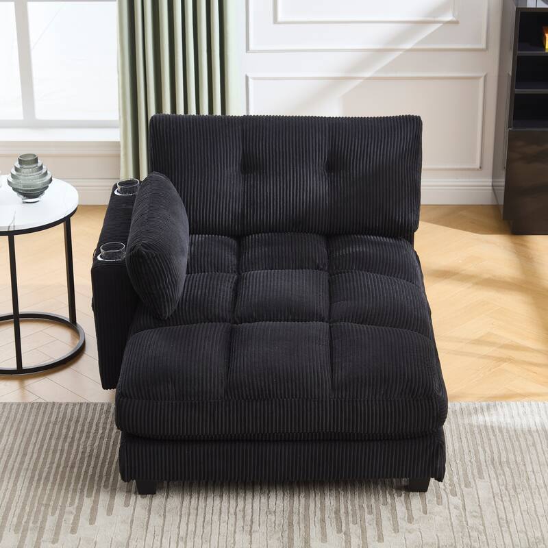 Oversized Corduroy Upholstered Single Chaise Lounge Sofa Couch Switchable Armrest with Cup Holders, USB Ports and Pockets