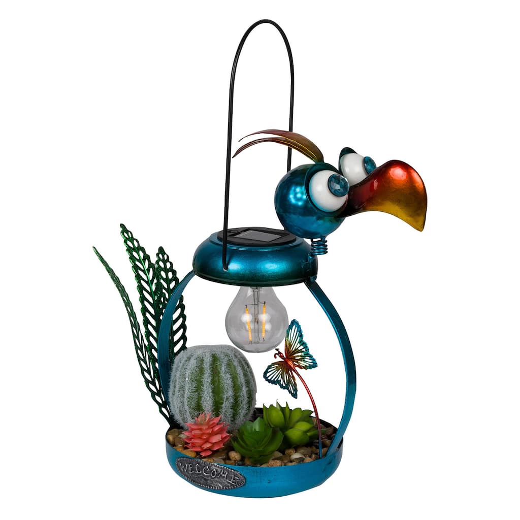 Solar Metal Silly Blue Bird with Garden and LED Decor