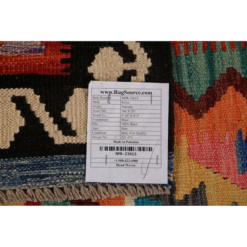 Geometric Kilim Oriental Area Rug Multi-Color Hand-Woven Wool Carpet - 8'3"x 9'10"