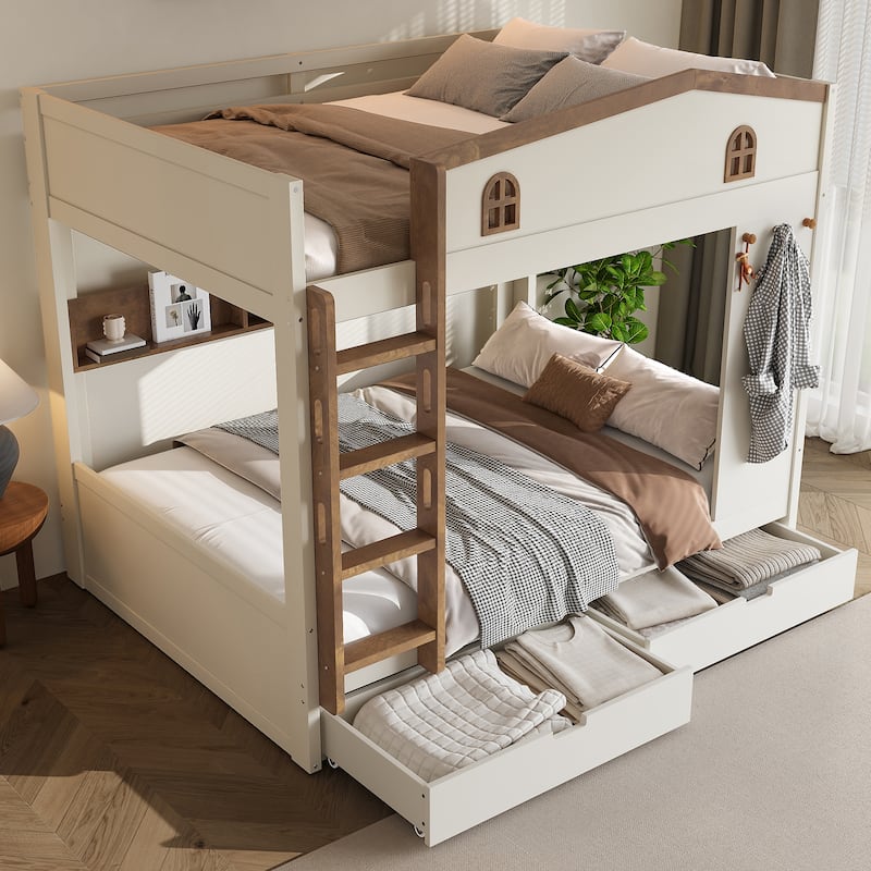 Queen over Queen Bunk Bed with Storage Drawers, Shelves & Hooks