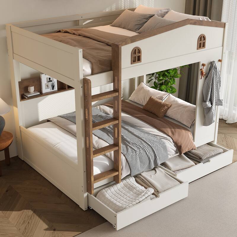 Roomfitters Queen over Queen Solid Wood Bunk Bed with Drawers and Shelves, Heavy Duty Frame with Hooks