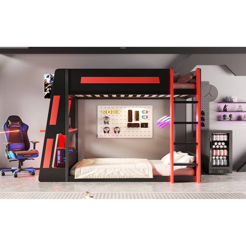 Roomfitters Twin/Full Over Twin Wooden Gaming Bunk Bed with Desk and LED Lights