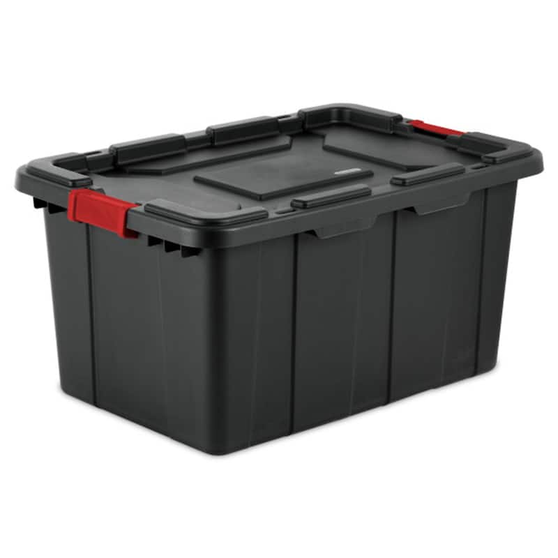 Sterilite 27 Gal Industrial Tote Stackable Storage Bin with Latching Lid, 4 Pack - Black