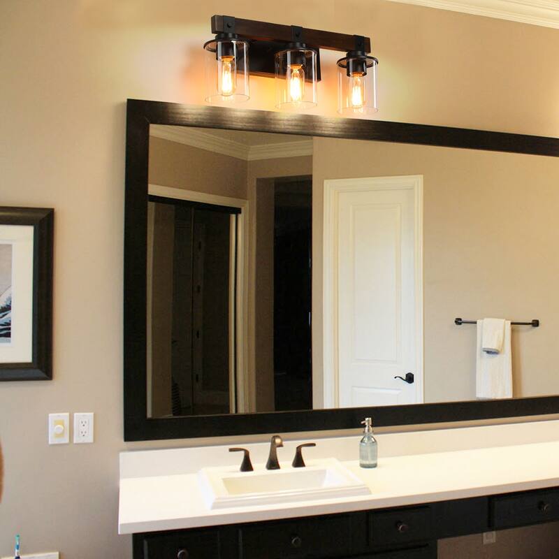 19" Rustic 3-Light Vanity Light, Industrial Bathroom Wall Sconce with Glass Shades and Wood Accent (No Bulbs) - Walnut