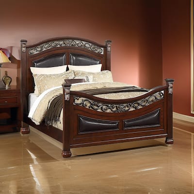 Meo King Size Bed, Padded Carved Dark Brown Faux Leather Upholstered