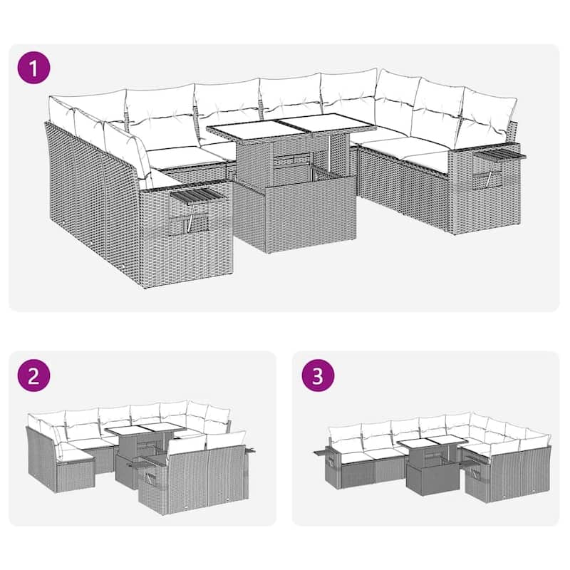 vidaXL Patio Sofa Set with Cushions Outdoor Furniture 10 Piece Poly Rattan - 21.7 x 39.4 x 28.7