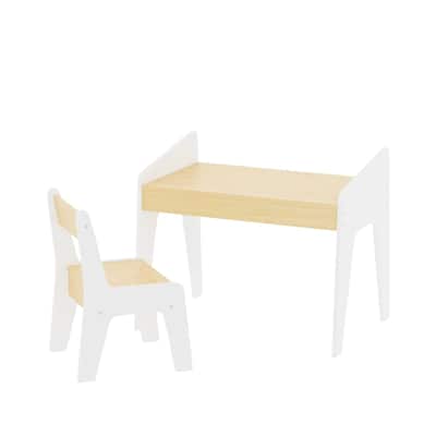 White and Beige Kids Table and Chair Set MDF Wood Durable Modern Design for Study Play and Arts Activities