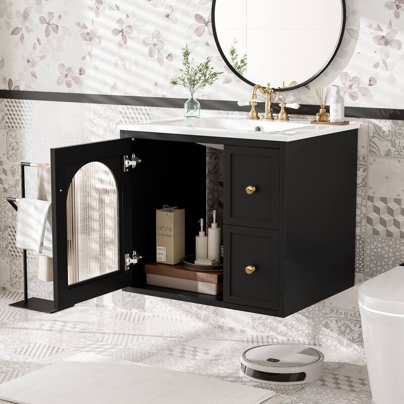 Wall Mounted 24" Bathroom Vanity Set with Ceramic Sink, Small Storage Bathroom Cabinet with 2 Drawers