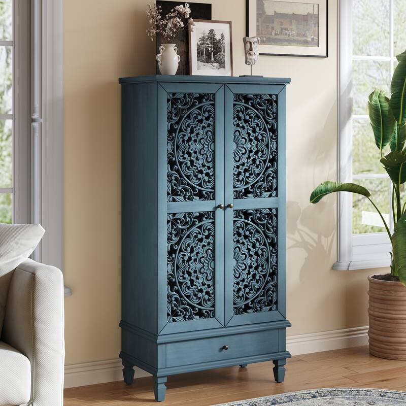 Carved Accent Cabinet Kitchen Pantry Cabinet with Doors, 55" Tall Storage Cabinet with Solid Wood Legs