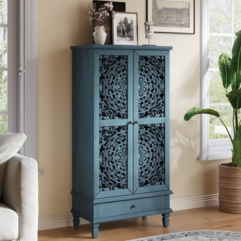 Rossetta Rustic Vintage Design 2-Door Carved Wood Storage Cabinet with Drawer, Solid Wood Legs - Antique Blue