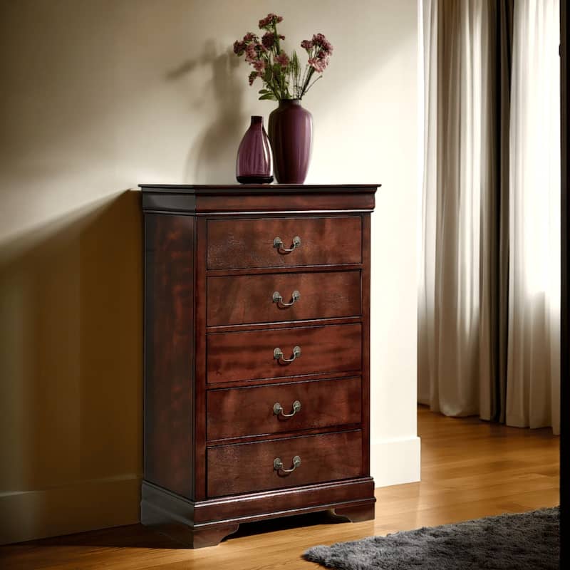 Deyr Tall Dresser Chest, 5 Drawer Bronze, Louis Philippe Molding Brown
