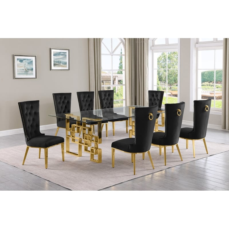 Best Quality Furniture D223/4-SC330-7 Dining Set with 95" 15mm Glass - 9-Piece - Black / Gold
