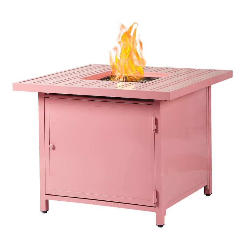 Square 32 in. x 32 in. Aluminum Propane Fire Pit Table with Glass Beads, Two Covers, Lid, 37,000 BTUs - N/A