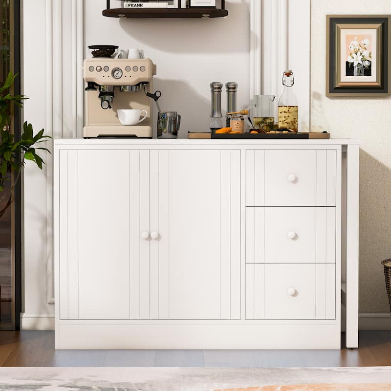 89.7" Wooden Sideboard with Extendable Table, 2 Doors & 3 Drawers Storage Cabinet for Living Room, Study, Kitchen - White