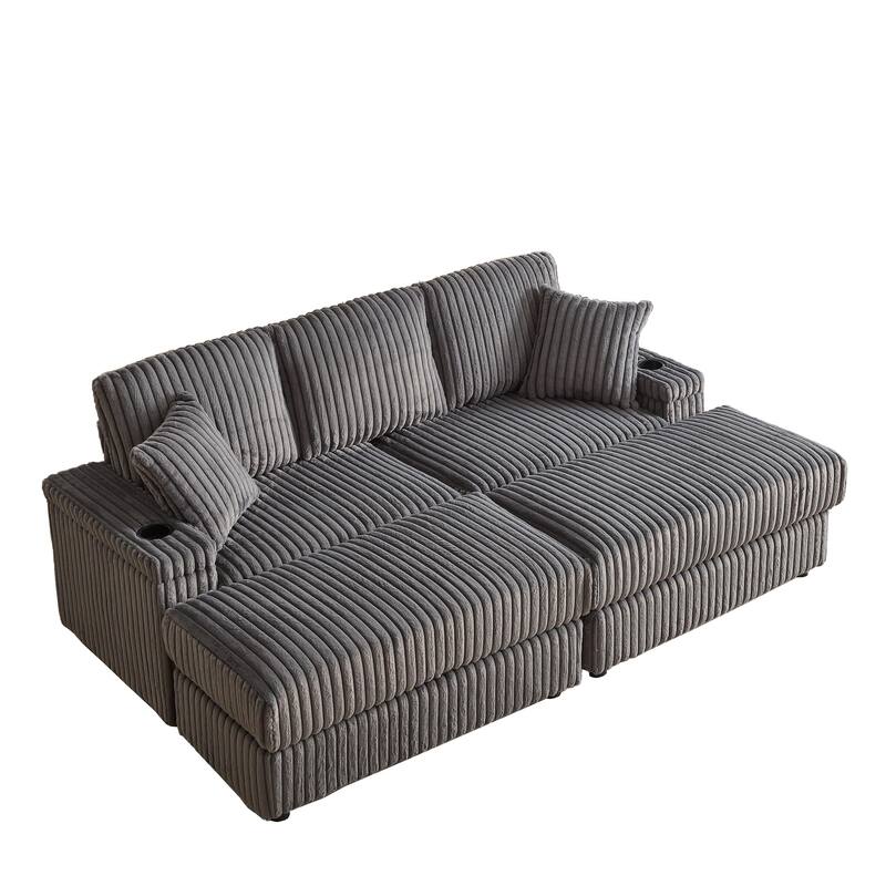 Deep Seat Sectional Loveseat Set with 2 Ottoman and 2 Pillows, Corduroy Chaise Lounge Bed with 2 Storage Spaces and Cupholding