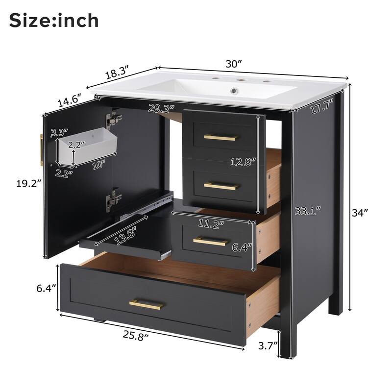 30" Modern Bathroom Vanity Set with Ceramic Sink - Soft-Close Doors & 3 Drawers, Storage Cabinet with Removable Tray