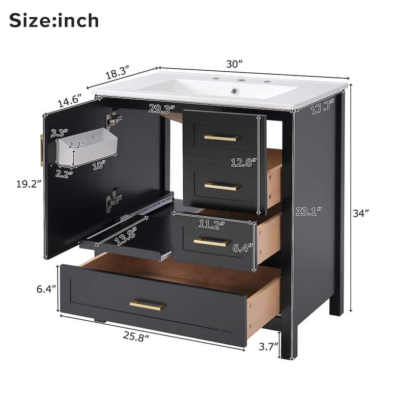 GDFStudio - Orion Wood & Ceramic 30" Bathroom Vanity Cabinet with Sink & Storage