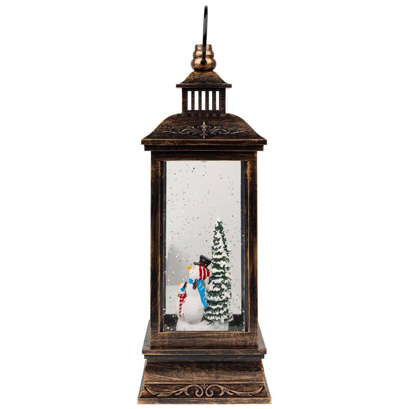 11" Black Brushed Gold LED Snowman Family Christmas Lantern Snow Globe