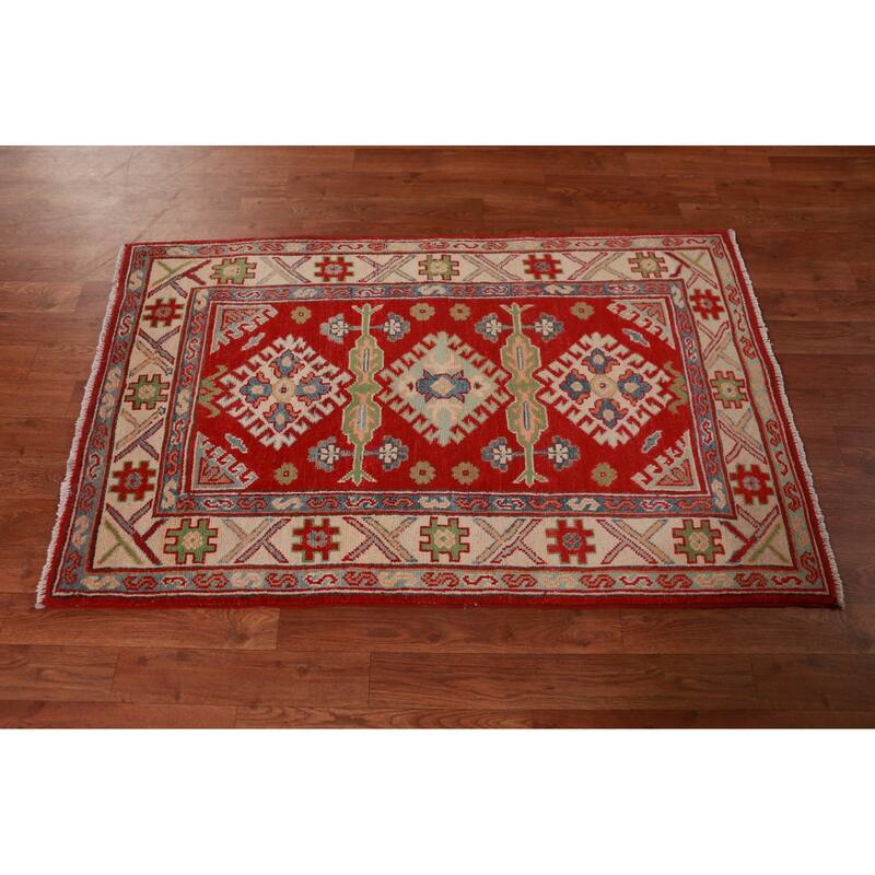 Red Kazak Foyer Rug Handmade Traditional Geometric Wool Carpet - 2'8"x 4'3"