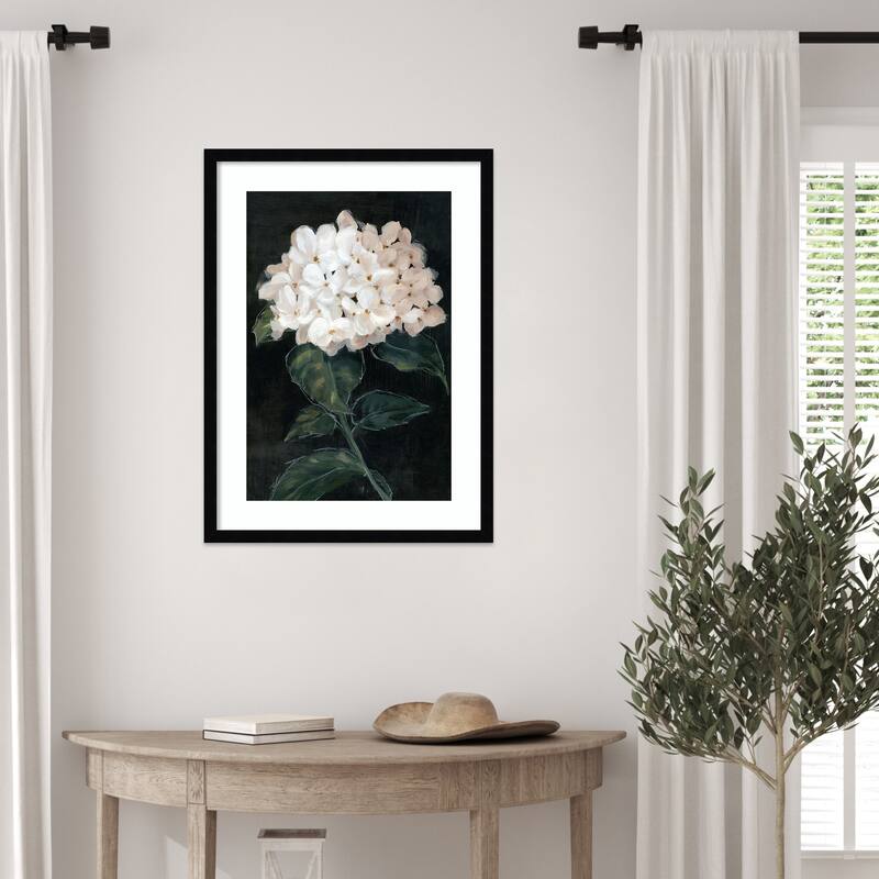 White Blossoms on Dark Canvas No. 1 by Alex Black Wood Framed Wall Art Print