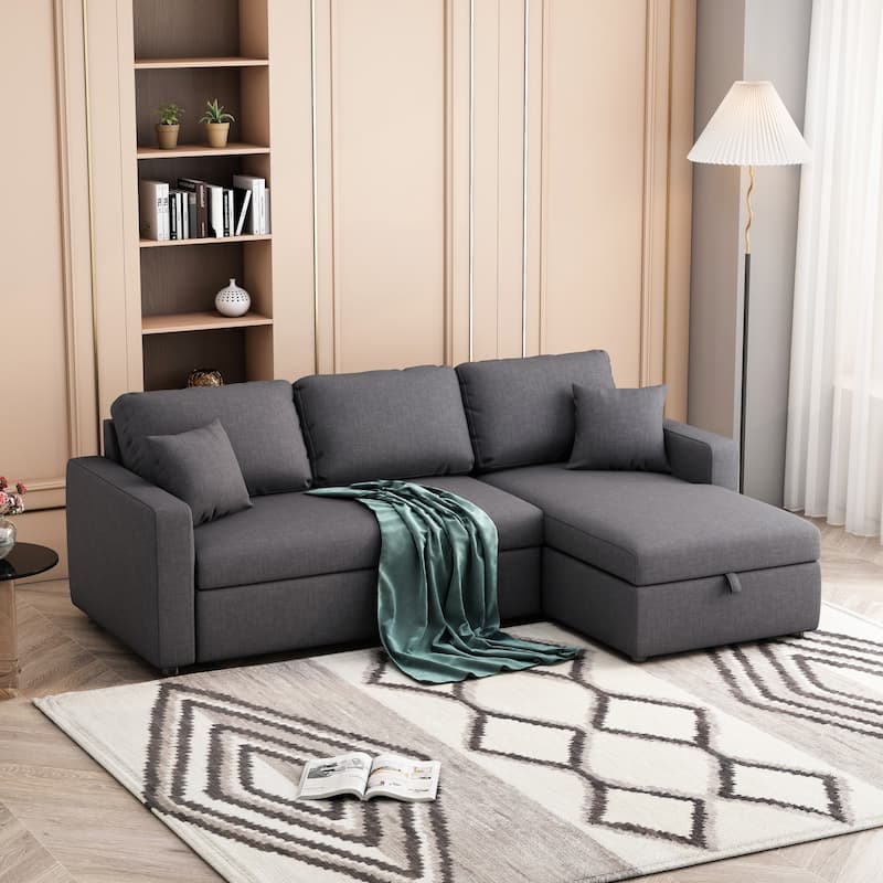 Upholstery Sleeper Sectional Sofa Grey with Storage Space, 2 Tossing Cushions - Gray