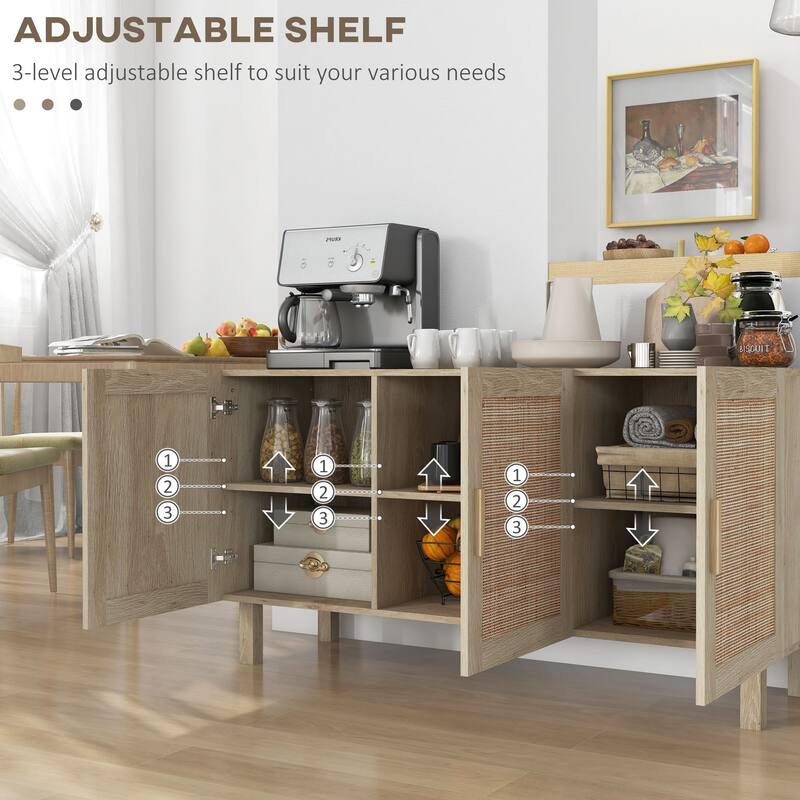 Sideboard Buffet Cabinet, Kitchen Cabinet, Coffee Bar Cabinet with 3 Rattan Doors and Adjustable Shelves, Natural Mixed