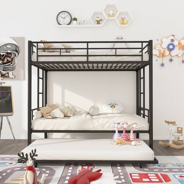 slide 2 of 16, Black Twin over Twin Metal Bunk Bed Frame with Trundle and Ladder Black