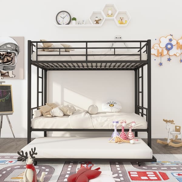 slide 2 of 9, Reinforced Twin Over Twin Metal Bunk Bed Frame with Trundle - Sturdy and Upgraded Design Black