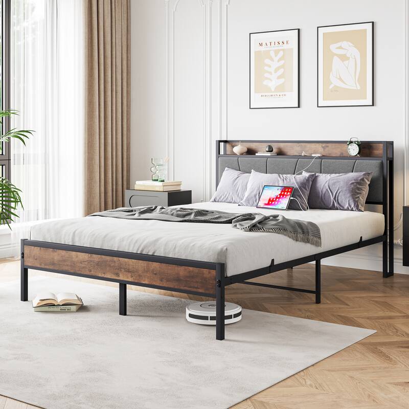 Rustic Platform Bed Metal Slat Bed Frame Mattress Foundation with Charging Station and Upholstered Headboard - Brown - Queen