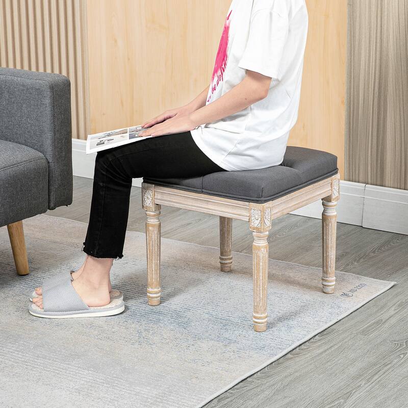 Upholstered Foot Stool with Button-Tufted Linen Cushion and Fluted Wooden Legs for Living Room