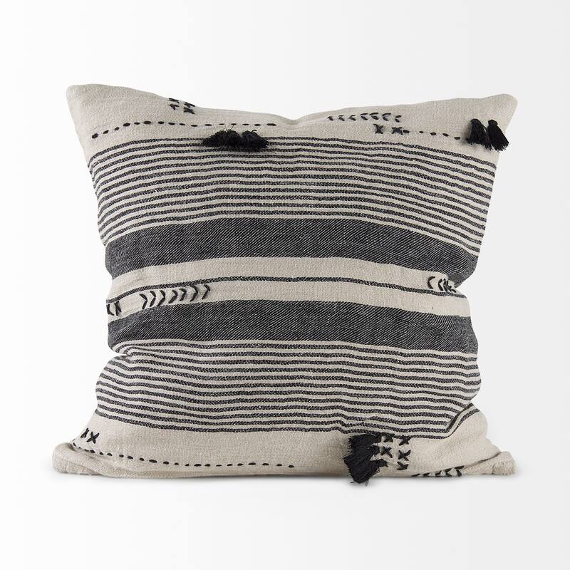 Thalia 13L x 21W Dark Gray and Cream Fabric Striped and Fringed Decorative Pillow Cover