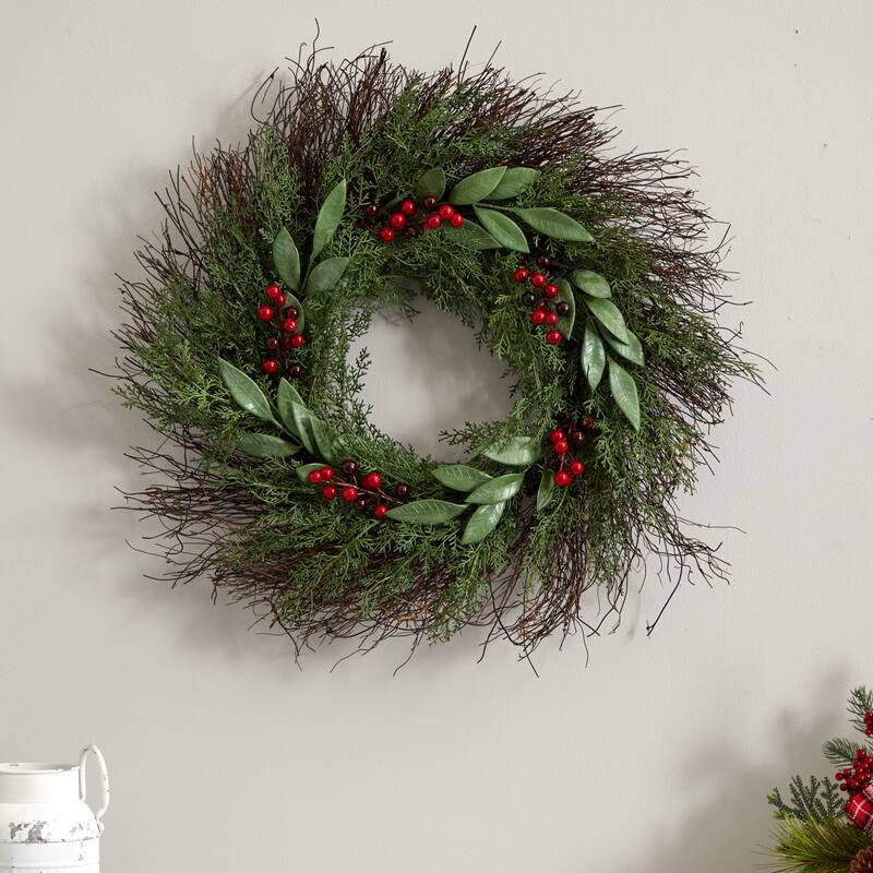 Green Red Artificial Cedar Ruscus with Berries Christmas Wreath, 20"