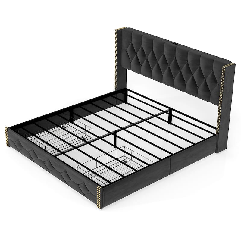Full Size Bed Frame with 2 Storage Drawers and Wingback Headboard