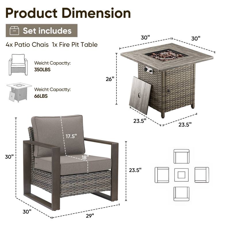 Pocassy 5 Pieces Outdoor All-Weather Chair with Fire Table Set