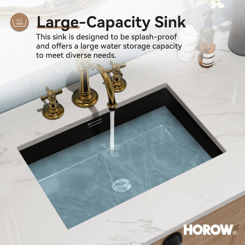 HOROW 23.63 in Rectangular Undermount Ceramic Bathroom Sink in Black with Overflow Drain