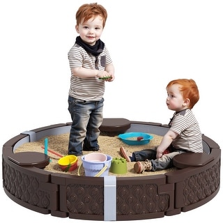Qaba Kids Sandbox with Cover, Round 47" HDPE Large Sand Pit with 3 Seats, Waterproof Bottom Liner, Brown