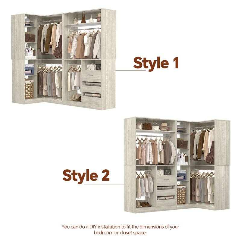 Qvella Set of 2 Corner Closet System, 72'' Wide Walk-in Closet Organizer with Drawers and Hanging Rods and Storage Shelves