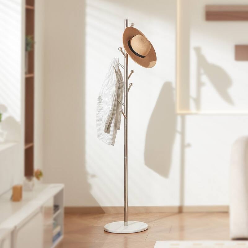 8-Hook Freestanding Coat Rack with Stainless Steel Frame and Marble Base for Home Organization - 14.57” x 14.57” x 68.11”
