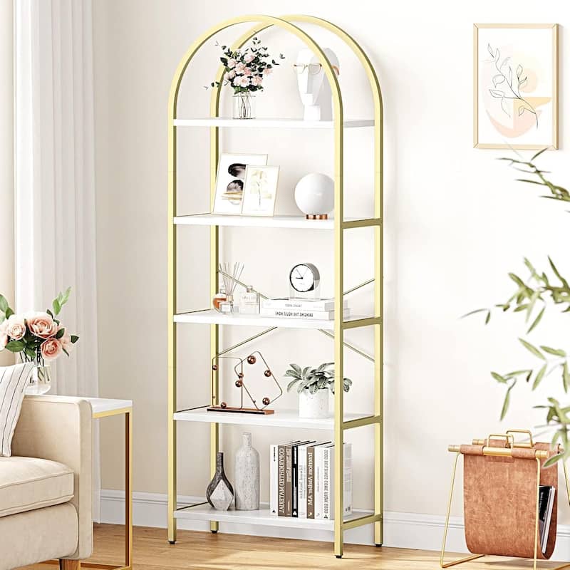 5-Tier Arched Bookshelf, Tall Wood Bookcase with Metal Frame, Modern Storage Rack for Living Room, Bedroom, or Home Office