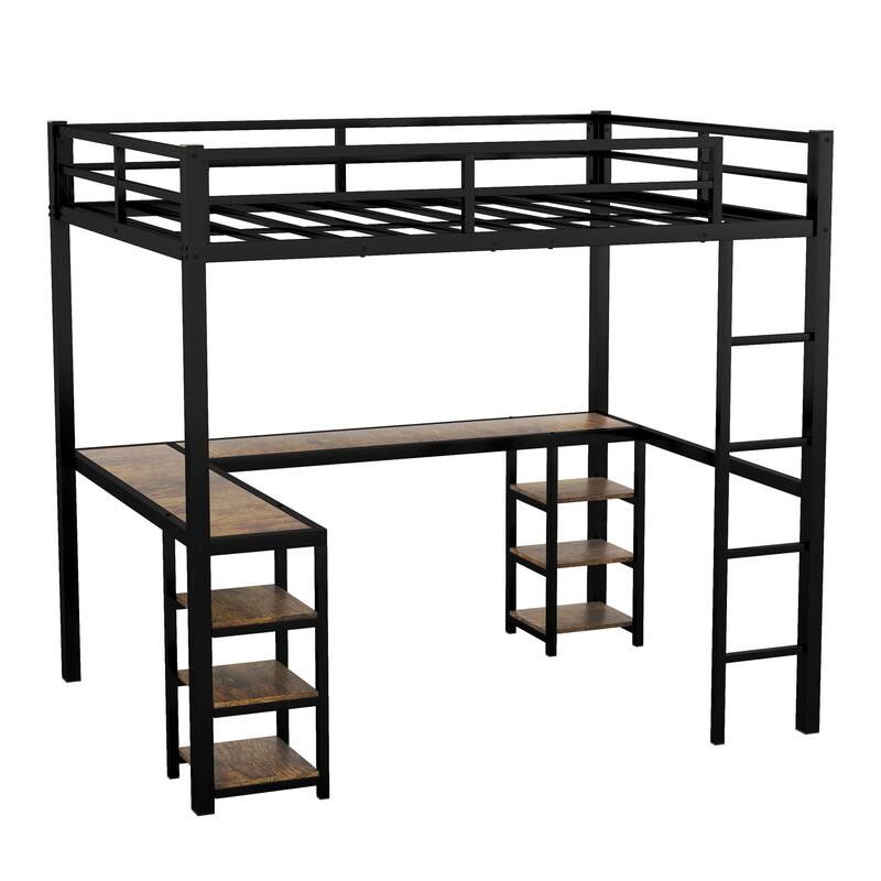 Roomfitters Metal Twin/Full Loft Bed with Desk & Shelves, Space-Saving Study Bed Frame with Ladder & Guardrails, Black