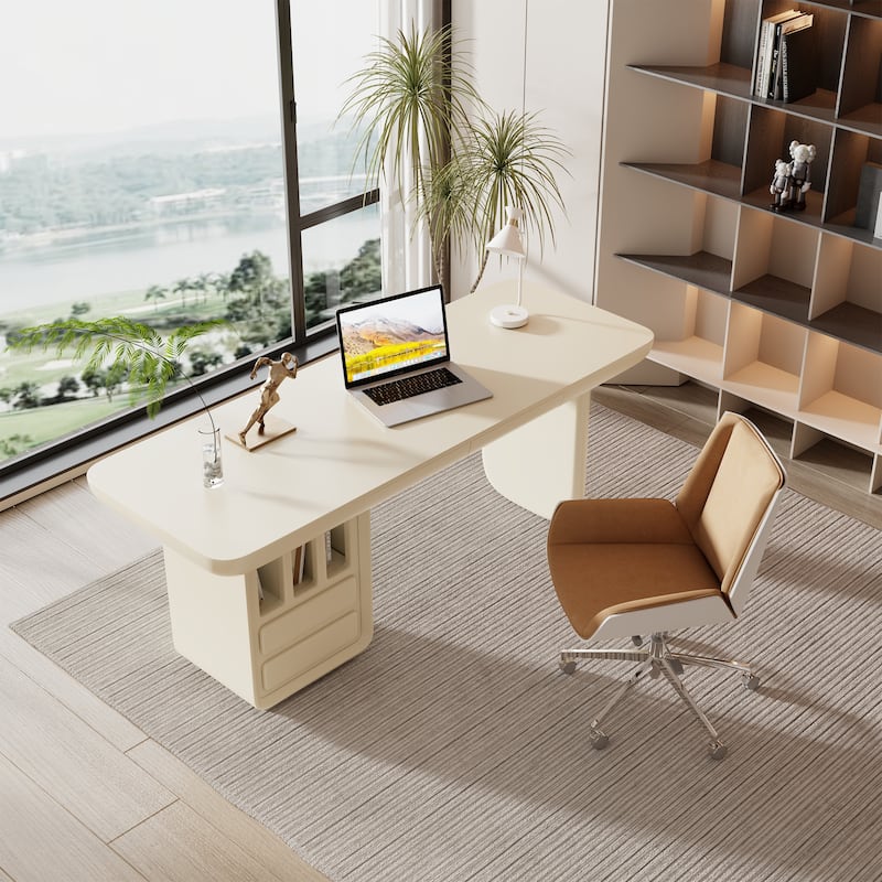 70.87" Beige Writing Desk, with 4 Drawers, Retangular Shaped, Round edges for Meeting Room